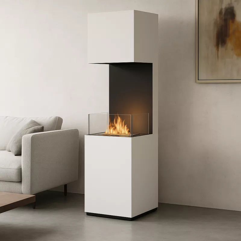 Freistehender Bioethanol Kamin LIBAO Weiss Dreiseitig Raumteiler stehender Biokamin mit Glas in Wohnzimmer Modern