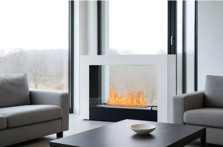 Freistehender Bioethanol Standkamin ACARENZA Raumteiler in Wohnzimmer Zweiseitig Offen Schwarz / Weiss stehender Biokamin