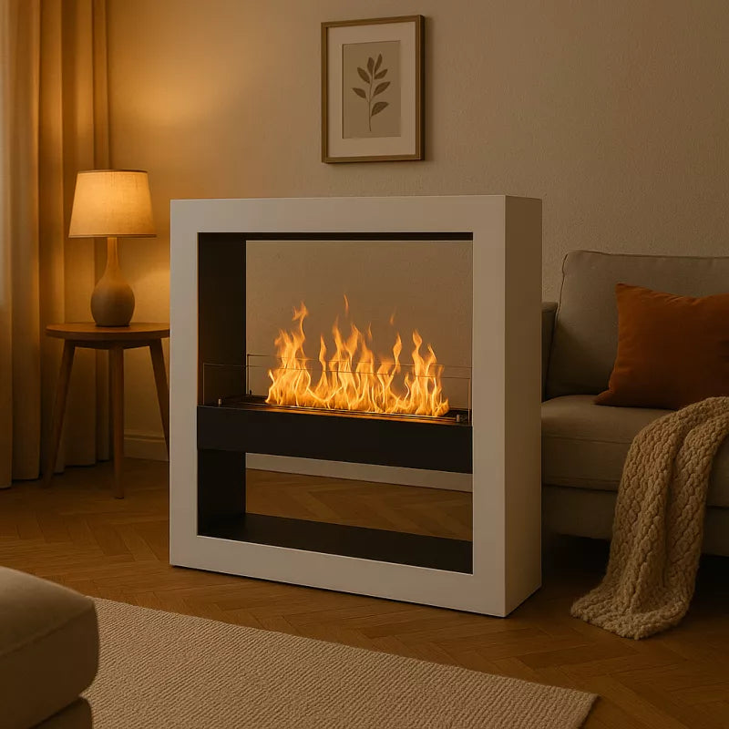 Freistehender Bioethanol Standkamin ACARENZA XL Raumteiler in Wohnzimmer Zweiseitig Offen Weiss Schwarz stehender Biokamin