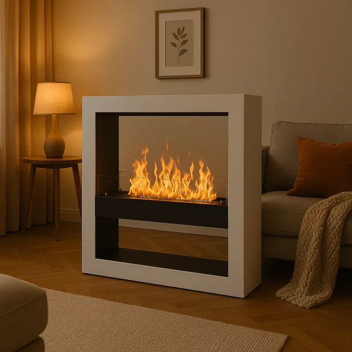 Freistehender Bioethanol Standkamin ACARENZA XL Raumteiler in Wohnzimmer Zweiseitig Offen Weiss Schwarz stehender Biokamin