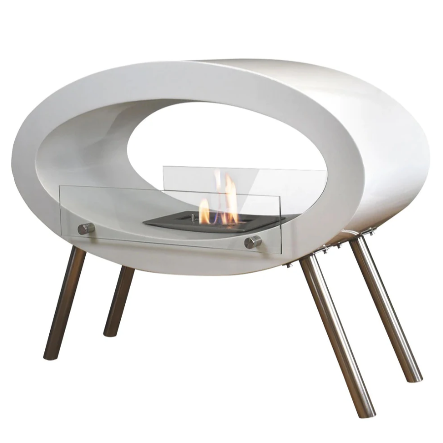 Freistehender Bioethanol Standkamin AMBROISE Weiss Oval Zweiseitig mit Glas stehender Biokamin