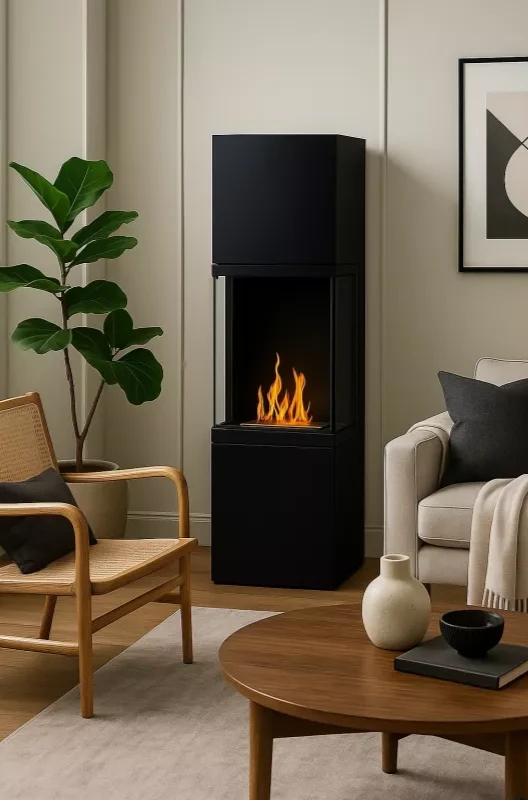 Freistehender Bioethanol Standkamin AVELLINO stehender Biokamin Dreiseitig Schwarz Glastür Wohnzimmer Modern