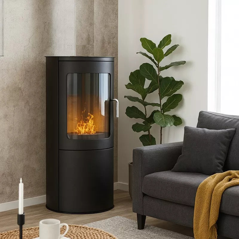 Freistehender Bioethanol Standkamin BARI Wohnzimmer Schwarz Glastür Halbrund stehender Biokamin