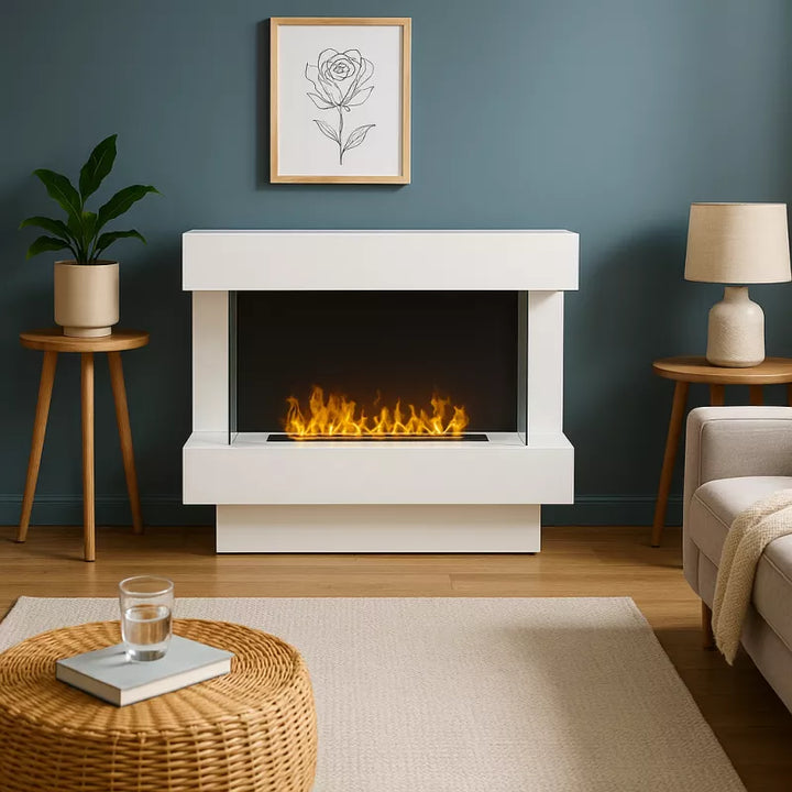 Freistehender Bioethanol Standkamin PRESTIGE Weiss Dreiseitig Offen Raumteiler in Wohnzimmer Modern