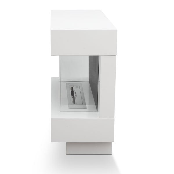 Freistehender Bioethanol Standkamin PRESTIGE Weiss stehender Biokamin Seitenansicht mit Glas Dreiseitig offen