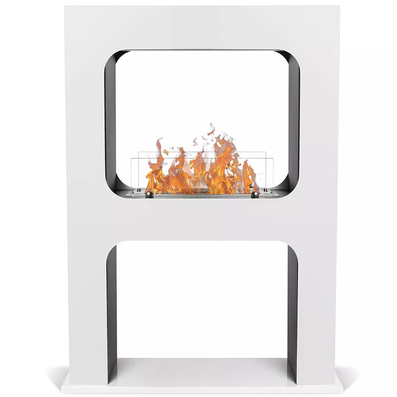 Freistehender Bioethanol Standkamin SAN VITO Weiss Zweiseitig Offen Raumteiler mit Glas Frontal stehender Biokamin
