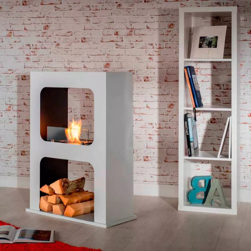 Freistehender Bioethanol Standkamin SAN VITO Weiss Zweiseitig Offen Raumteiler mit Glas in Wohnzimmer