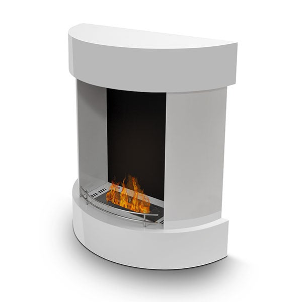 Freistehender Bioethanol Standkamin VELVET Weiss Rund Modern stehender Biokamin XXL Seitliche Draufsicht