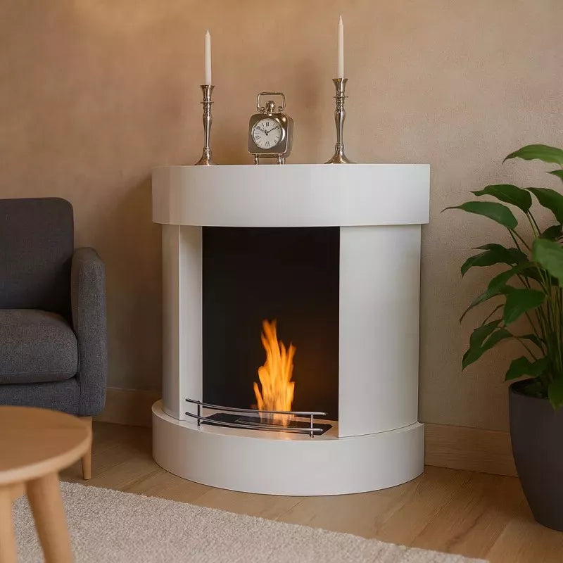Freistehender Bioethanol Standkamin VELVET Weiss Rund Modernes Wohnzimmer stehender Biokamin XXL