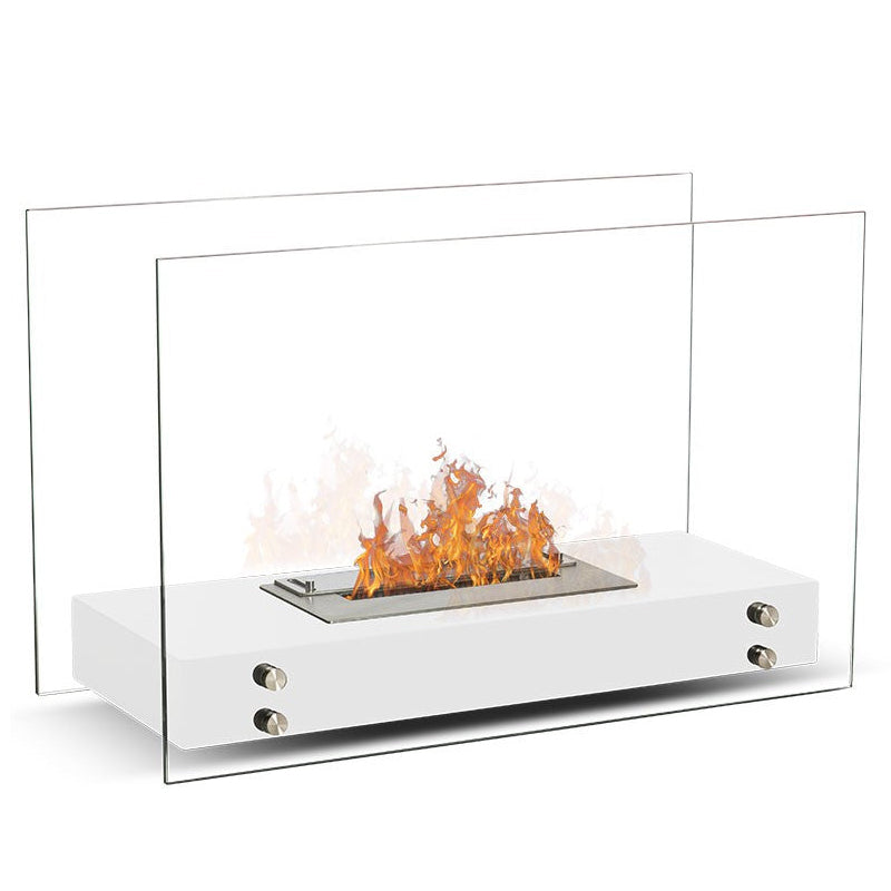 Freistehender Bioethanol Tischkamin Standkamin Tischfeuer OTTAWA Weiss mit Glas mit Flammen