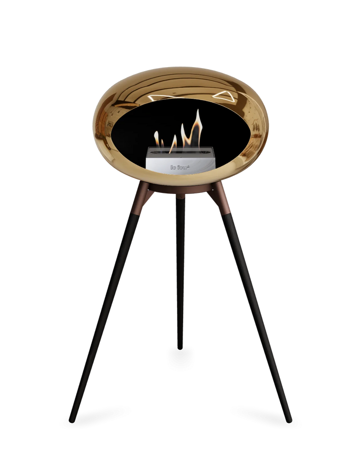 Le Feu GROUND HIGH Bioethanol Standkamin Chrom Roségold - Brennschale Mokka Standfüße Schwarze Eiche Brenner Edelstahl - freistehender Ethanol Kamin ohne Schornstein