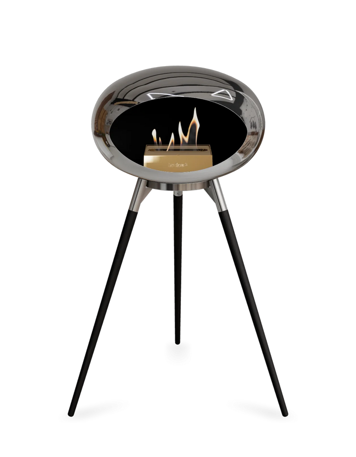 Le Feu GROUND HIGH Bioethanol Standkamin Chrom Silber - Brennschale Edelstahl Standfüße Schwarze Eiche Brenner Roségold - freistehender Ethanol Kamin ohne Schornstein
