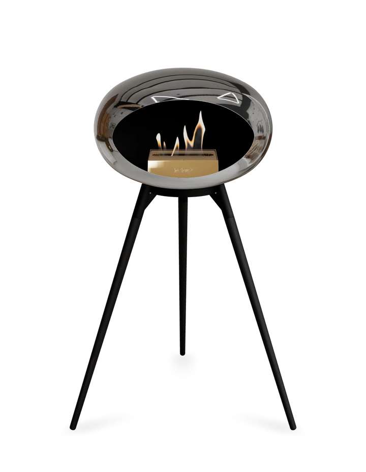 Le Feu GROUND HIGH Bioethanol Standkamin Chrom Silber - Brennschale Schwarz Standfüße Schwarze Eiche Brenner Roségold - freistehender Ethanol Kamin ohne Schornstein