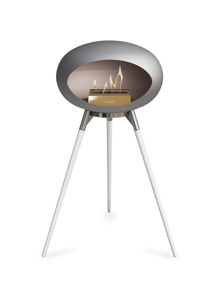 Le Feu GROUND HIGH Bioethanol Standkamin Nickel - Brennschale Edelstahl Standfüße Weiße Eiche Brenner Roségold - freistehender Ethanol Kamin ohne Schornstein