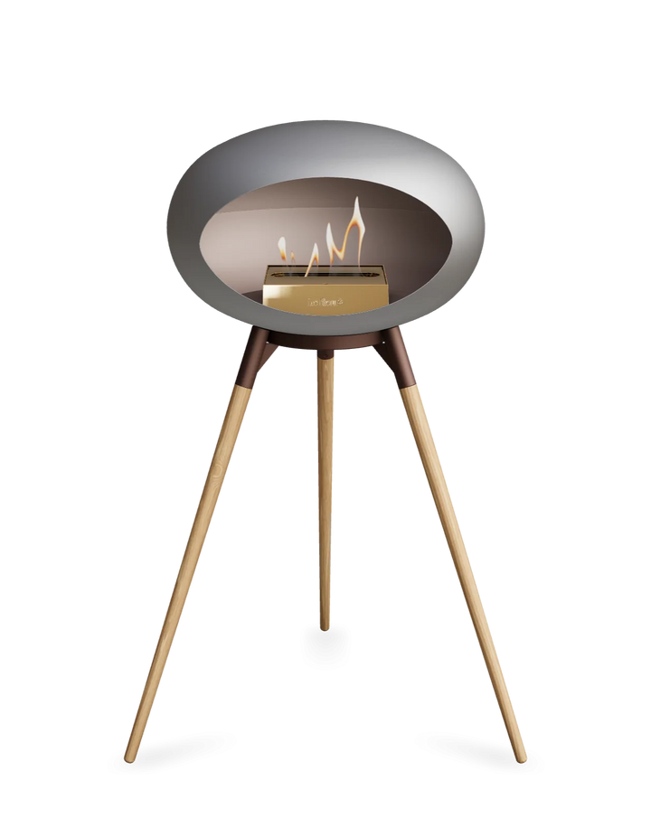 Le Feu GROUND HIGH Bioethanol Standkamin Nickel - Brennschale Mokka Standfüße Seifenbehandelte Eiche Brenner Roségold - freistehender Ethanol Kamin ohne Schornstein