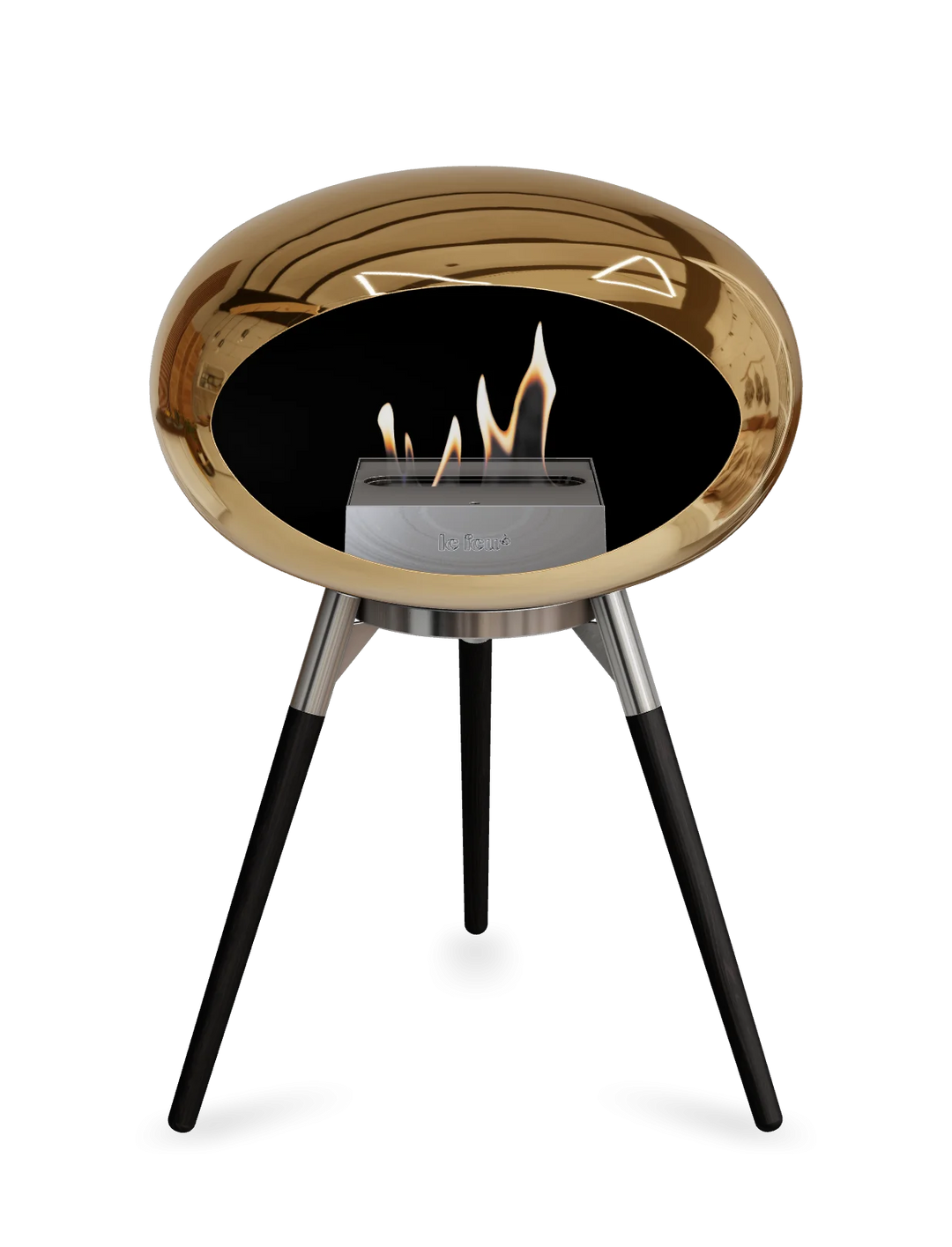 Le Feu GROUND LOW Bioethanol Standkamin Chrom Roségold - Brennschale Edelstahl Standfüße Schwarze Eiche Brenner Edelstahl - freistehender Ethanol Kamin ohne Schornstein