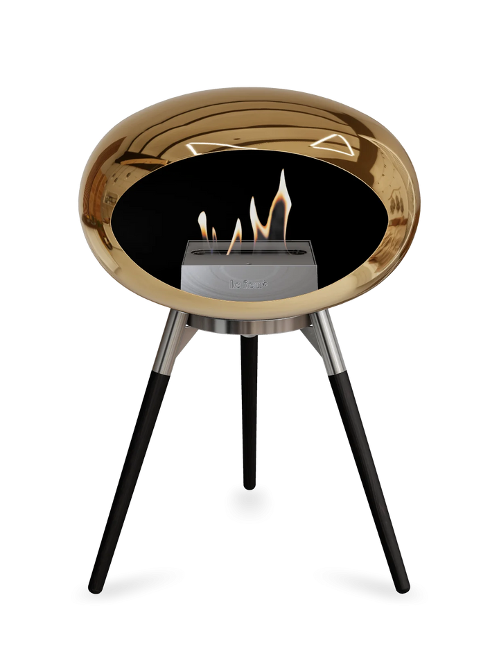 Le Feu GROUND LOW Bioethanol Standkamin Chrom Roségold - Brennschale Edelstahl Standfüße Schwarze Eiche Brenner Edelstahl - freistehender Ethanol Kamin ohne Schornstein