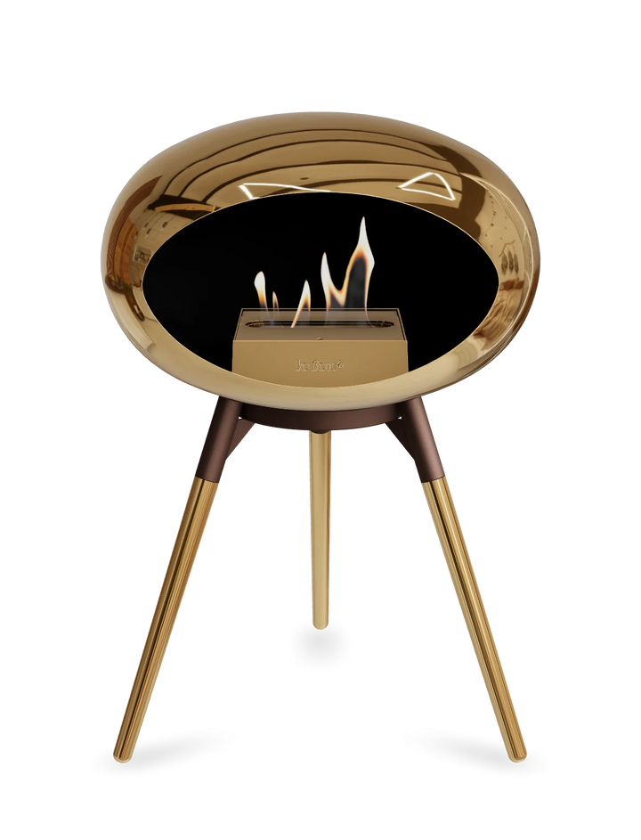 Le Feu GROUND LOW Bioethanol Standkamin Chrom Roségold - Brennschale Mokka Standfüße Roségold Brenner Roségold - freistehender Ethanol Kamin ohne Schornstein