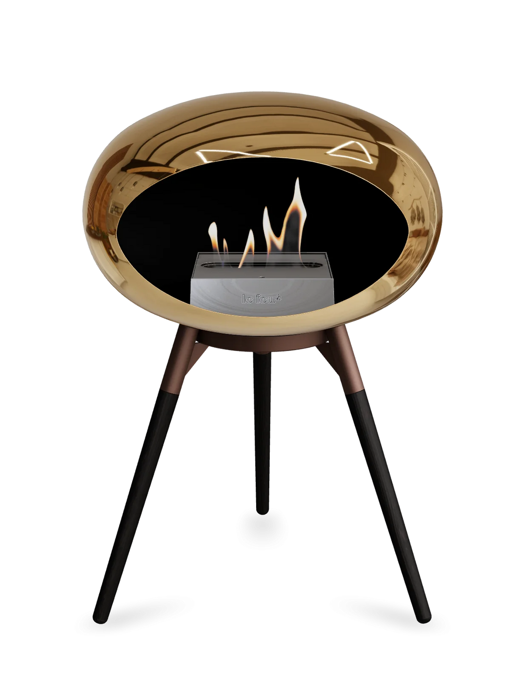 Le Feu GROUND LOW Bioethanol Standkamin Chrom Roségold - Brennschale Mokka Standfüße Schwarze Eiche Brenner Edelstahl - freistehender Ethanol Kamin ohne Schornstein