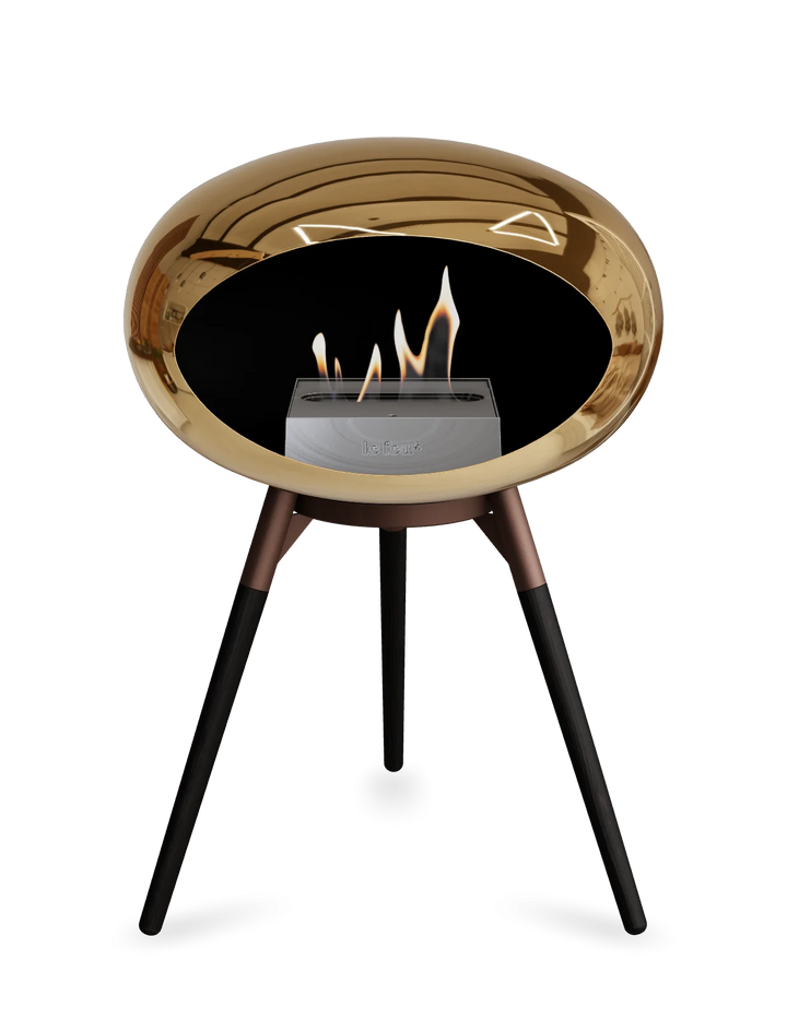 Le Feu GROUND LOW Bioethanol Standkamin Chrom Roségold - Brennschale Mokka Standfüße Schwarze Eiche Brenner Edelstahl - freistehender Ethanol Kamin ohne Schornstein