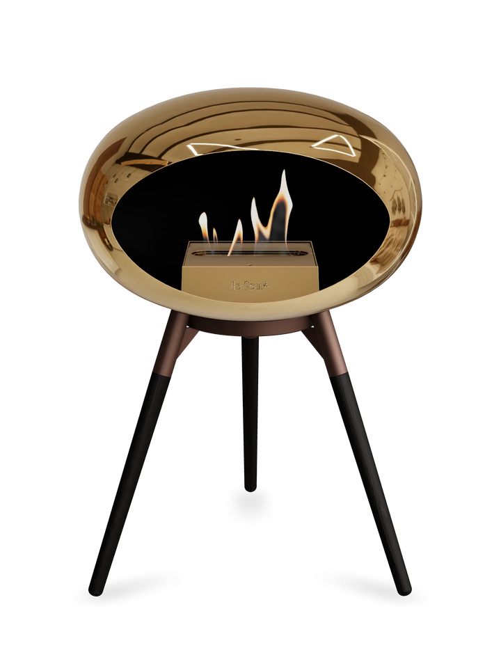 Le Feu GROUND LOW Bioethanol Standkamin Chrom Roségold - Brennschale Mokka Standfüße Schwarze Eiche Brenner Roségold - freistehender Ethanol Kamin ohne Schornstein
