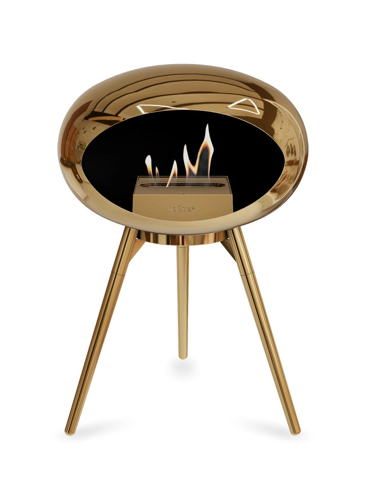 Le Feu GROUND LOW Bioethanol Standkamin Chrom Roségold - Brennschale Roségold Standfüße Roségold Brenner Roségold - freistehender Ethanol Kamin ohne Schornstein