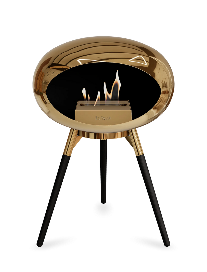 Le Feu GROUND LOW Bioethanol Standkamin Chrom Roségold - Brennschale Roségold Standfüße Schwarze Eiche Brenner Roségold - freistehender Ethanol Kamin ohne Schornstein