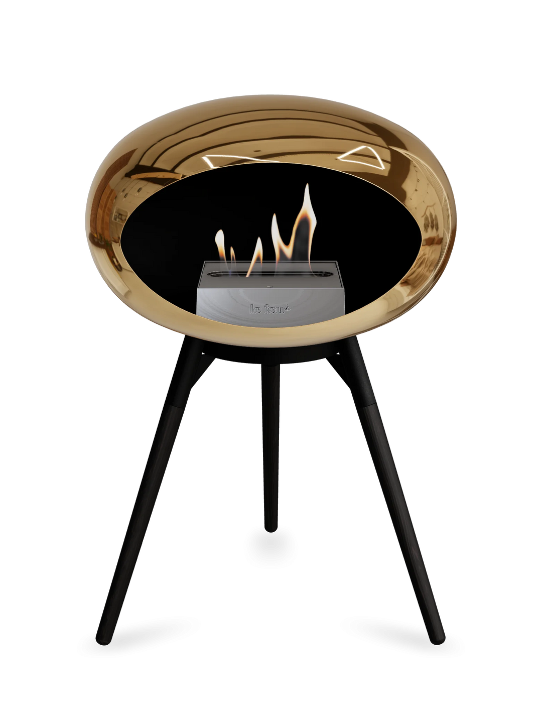 Le Feu GROUND LOW Bioethanol Standkamin Chrom Roségold - Brennschale Schwarz Standfüße Schwarze Eiche Brenner Edelstahl - freistehender Ethanol Kamin ohne Schornstein