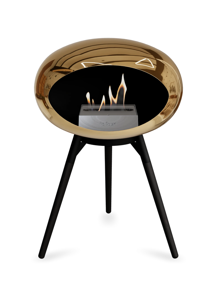 Le Feu GROUND LOW Bioethanol Standkamin Chrom Roségold - Brennschale Schwarz Standfüße Schwarze Eiche Brenner Edelstahl - freistehender Ethanol Kamin ohne Schornstein