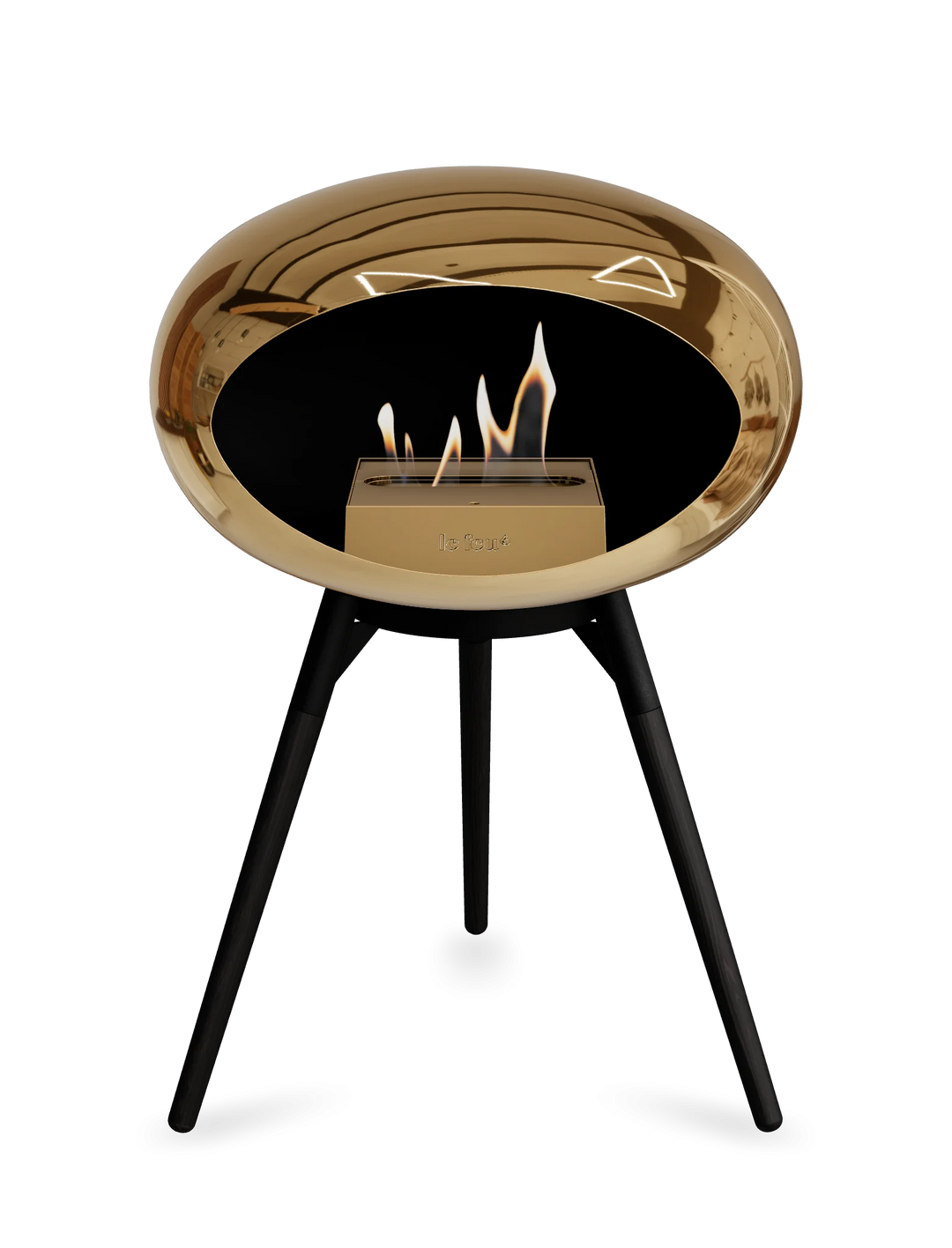 Le Feu GROUND LOW Bioethanol Standkamin Chrom Roségold - Brennschale Schwarz Standfüße Schwarze Eiche Brenner Roségold - freistehender Ethanol Kamin ohne Schornstein