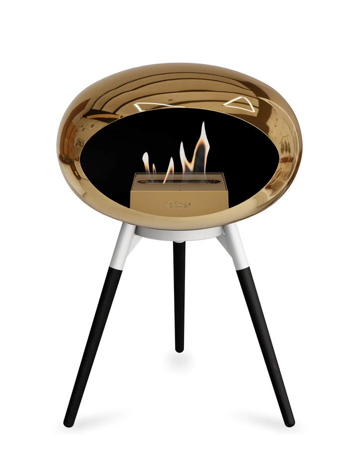 Le Feu GROUND LOW Bioethanol Standkamin Chrom Roségold - Brennschale Weiß Standfüße Schwarze Eiche Brenner Roségold - freistehender Ethanol Kamin ohne Schornstein