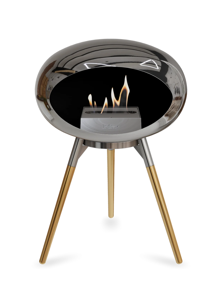Le Feu GROUND LOW Bioethanol Standkamin Chrom Silber - Brennschale Edelstahl Standfüße Roségold Brenner Edelstahl - freistehender Ethanol Kamin ohne Schornstein