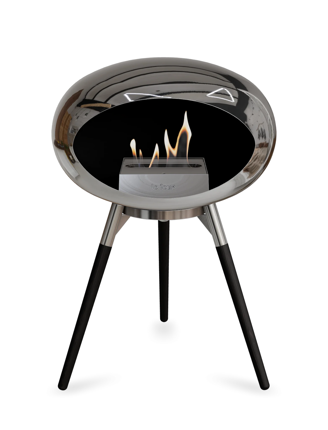 Le Feu GROUND LOW Bioethanol Standkamin Chrom Silber - Brennschale Edelstahl Standfüße Schwarze Eiche Brenner Edelstahl - freistehender Ethanol Kamin ohne Schornstein