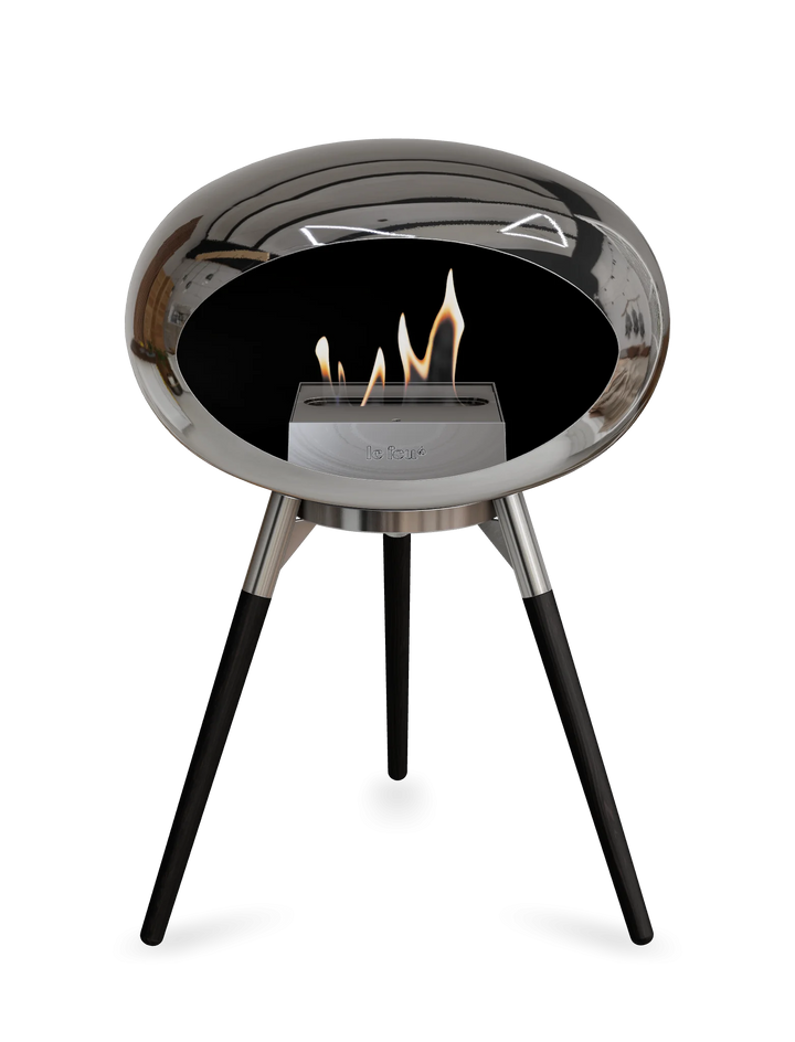 Le Feu GROUND LOW Bioethanol Standkamin Chrom Silber - Brennschale Edelstahl Standfüße Schwarze Eiche Brenner Edelstahl - freistehender Ethanol Kamin ohne Schornstein