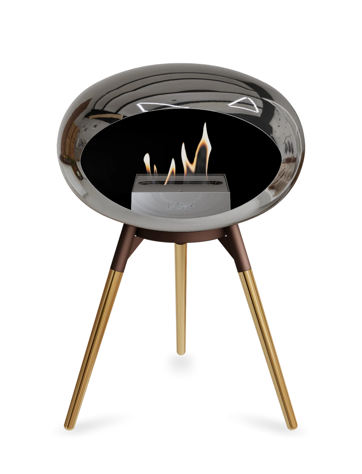 Le Feu GROUND LOW Bioethanol Standkamin Chrom Silber - Brennschale Mokka Standfüße Roségold Brenner Edelstahl - freistehender Ethanol Kamin ohne Schornstein