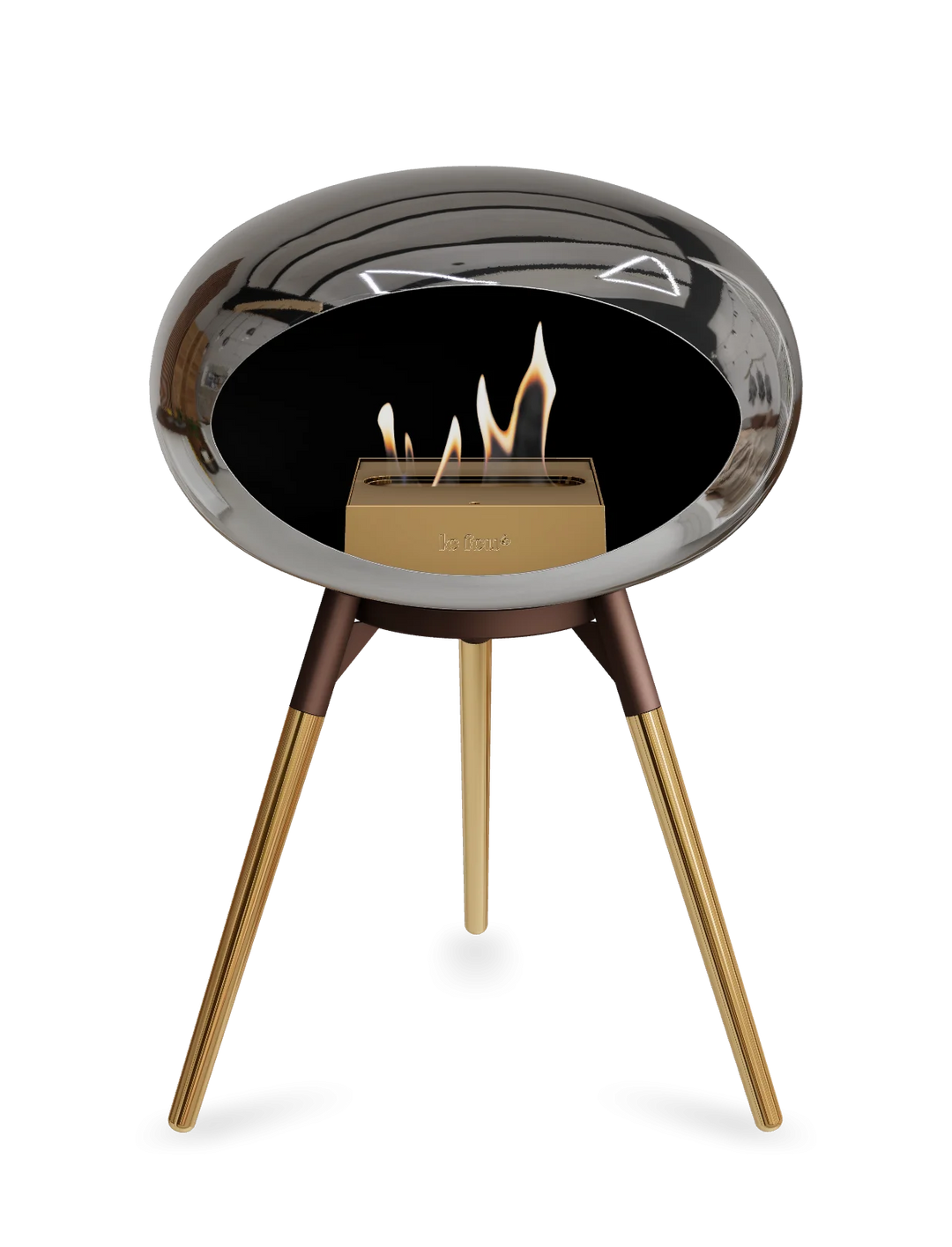 Le Feu GROUND LOW Bioethanol Standkamin Chrom Silber - Brennschale Mokka Standfüße Roségold Brenner Roségold - freistehender Ethanol Kamin ohne Schornstein