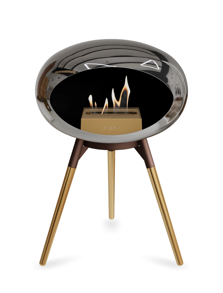 Le Feu GROUND LOW Bioethanol Standkamin Chrom Silber - Brennschale Mokka Standfüße Roségold Brenner Roségold - freistehender Ethanol Kamin ohne Schornstein