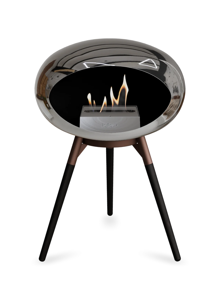 Le Feu GROUND LOW Bioethanol Standkamin Chrom Silber - Brennschale Mokka Standfüße Schwarze Eiche Brenner Edelstahl - freistehender Ethanol Kamin ohne Schornstein
