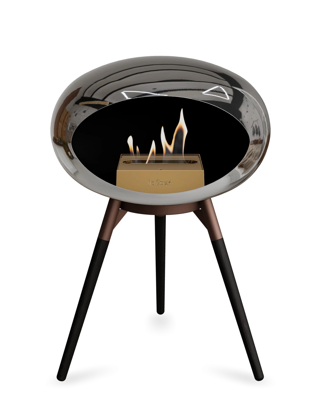 Le Feu GROUND LOW Bioethanol Standkamin Chrom Silber - Brennschale Mokka Standfüße Schwarze Eiche Brenner Roségold - freistehender Ethanol Kamin ohne Schornstein