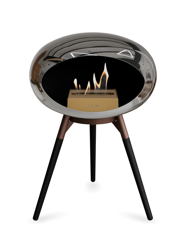 Le Feu GROUND LOW Bioethanol Standkamin Chrom Silber - Brennschale Mokka Standfüße Schwarze Eiche Brenner Roségold - freistehender Ethanol Kamin ohne Schornstein