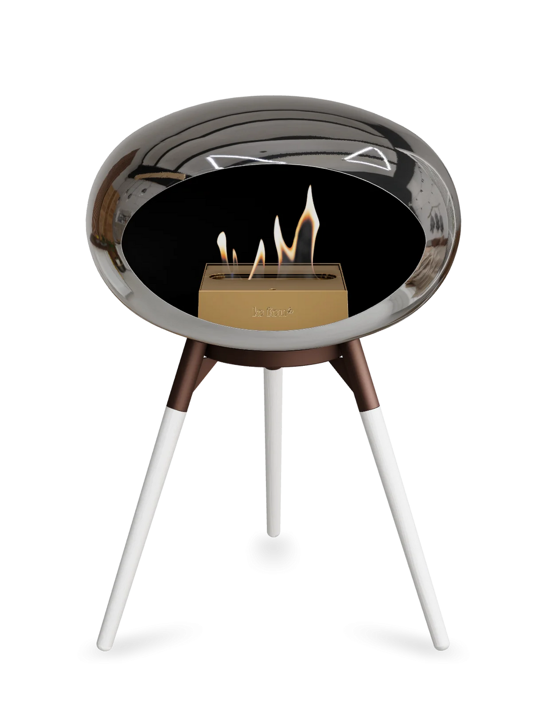 Le Feu GROUND LOW Bioethanol Standkamin Chrom Silber - Brennschale Mokka Standfüße Weiße Eiche Brenner Roségold - freistehender Ethanol Kamin ohne Schornstein