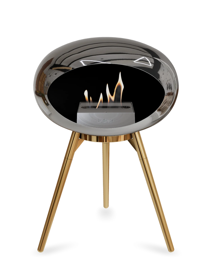 Le Feu GROUND LOW Bioethanol Standkamin Chrom Silber - Brennschale Roségold Standfüße Roségold Brenner Edelstahl - freistehender Ethanol Kamin ohne Schornstein