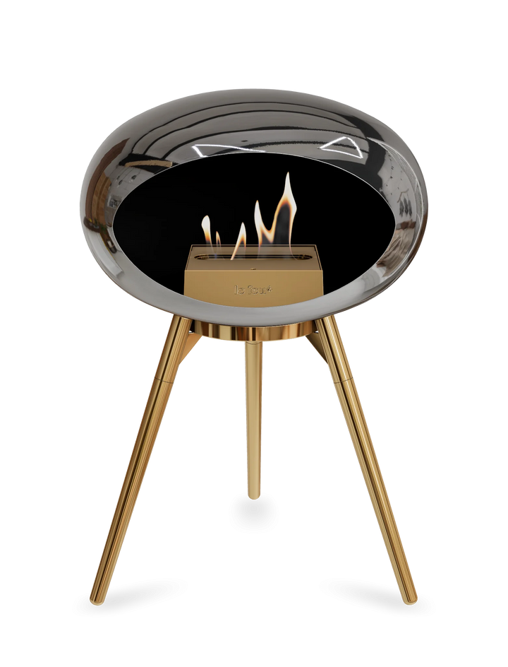 Le Feu GROUND LOW Bioethanol Standkamin Chrom Silber - Brennschale Roségold Standfüße Roségold Brenner Roségold - freistehender Ethanol Kamin ohne Schornstein