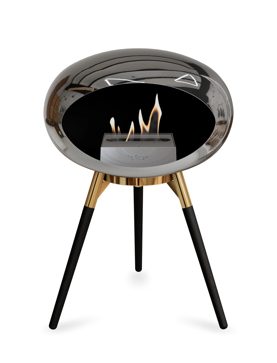 Le Feu GROUND LOW Bioethanol Standkamin Chrom Silber - Brennschale Roségold Standfüße Schwarze Eiche Brenner Edelstahl - freistehender Ethanol Kamin ohne Schornstein