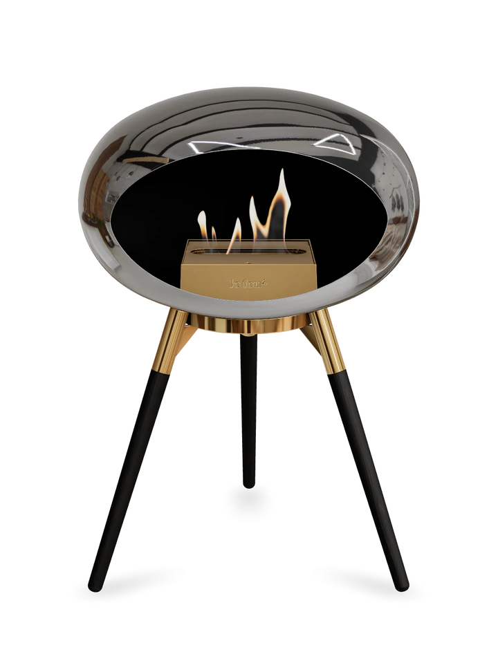 Le Feu GROUND LOW Bioethanol Standkamin Chrom Silber - Brennschale Roségold Standfüße Schwarze Eiche Brenner Roségold - freistehender Ethanol Kamin ohne Schornstein