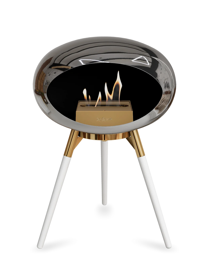 Le Feu GROUND LOW Bioethanol Standkamin Chrom Silber - Brennschale Roségold Standfüße Weiße Eiche Brenner Roségold - freistehender Ethanol Kamin ohne Schornstein