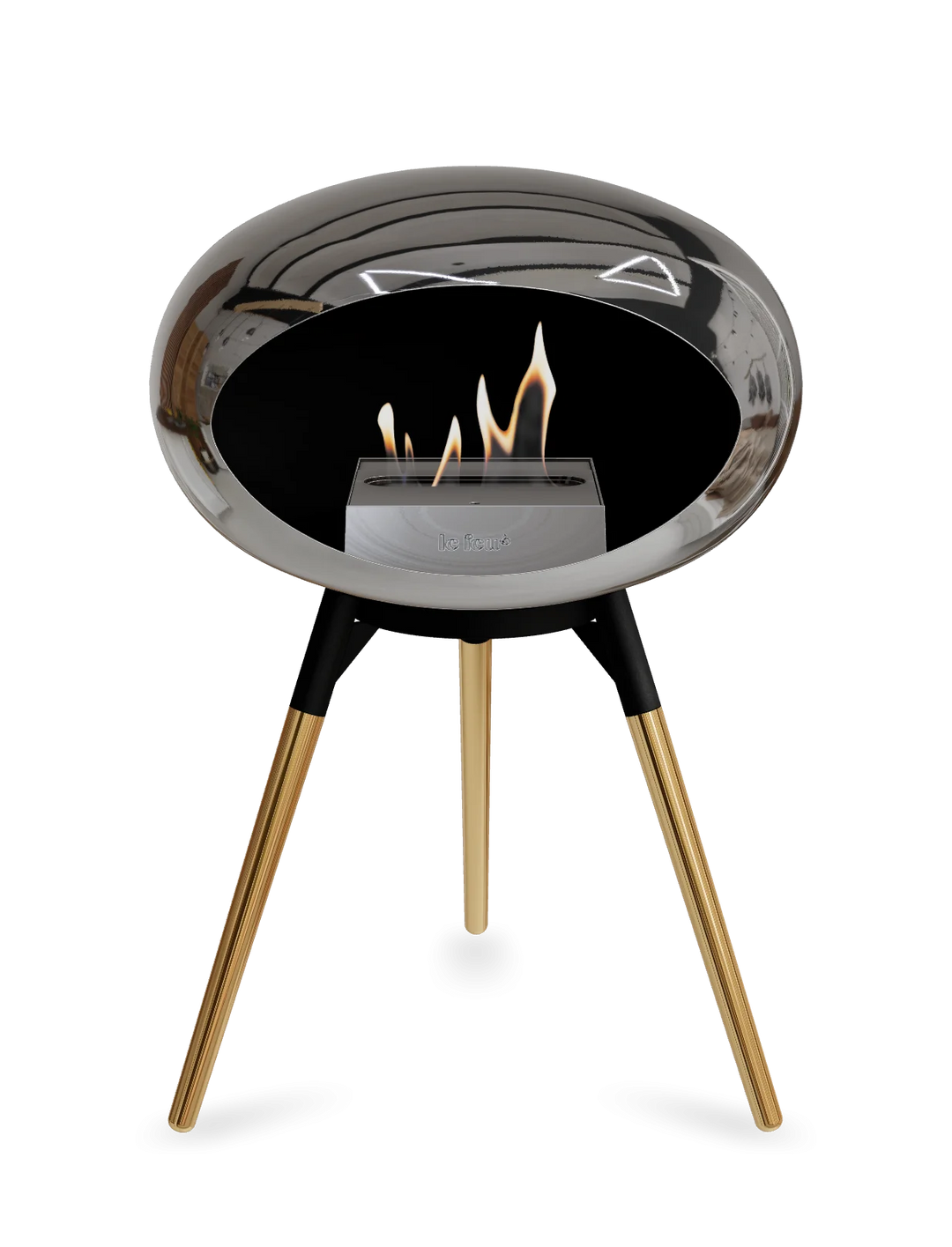 Le Feu GROUND LOW Bioethanol Standkamin Chrom Silber - Brennschale Schwarz Standfüße Roségold Brenner Edelstahl - freistehender Ethanol Kamin ohne Schornstein