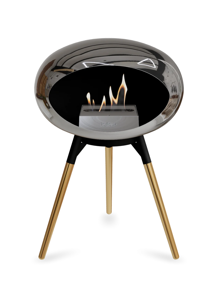Le Feu GROUND LOW Bioethanol Standkamin Chrom Silber - Brennschale Schwarz Standfüße Roségold Brenner Edelstahl - freistehender Ethanol Kamin ohne Schornstein
