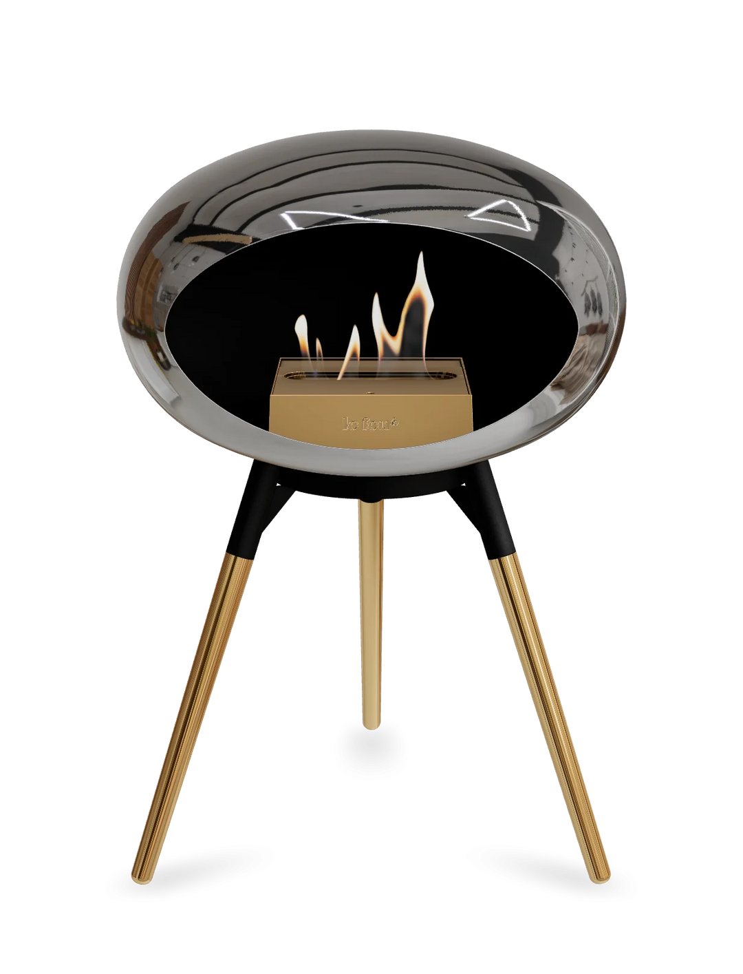 Le Feu GROUND LOW Bioethanol Standkamin Chrom Silber - Brennschale Schwarz Standfüße Roségold Brenner Roségold - freistehender Ethanol Kamin ohne Schornstein