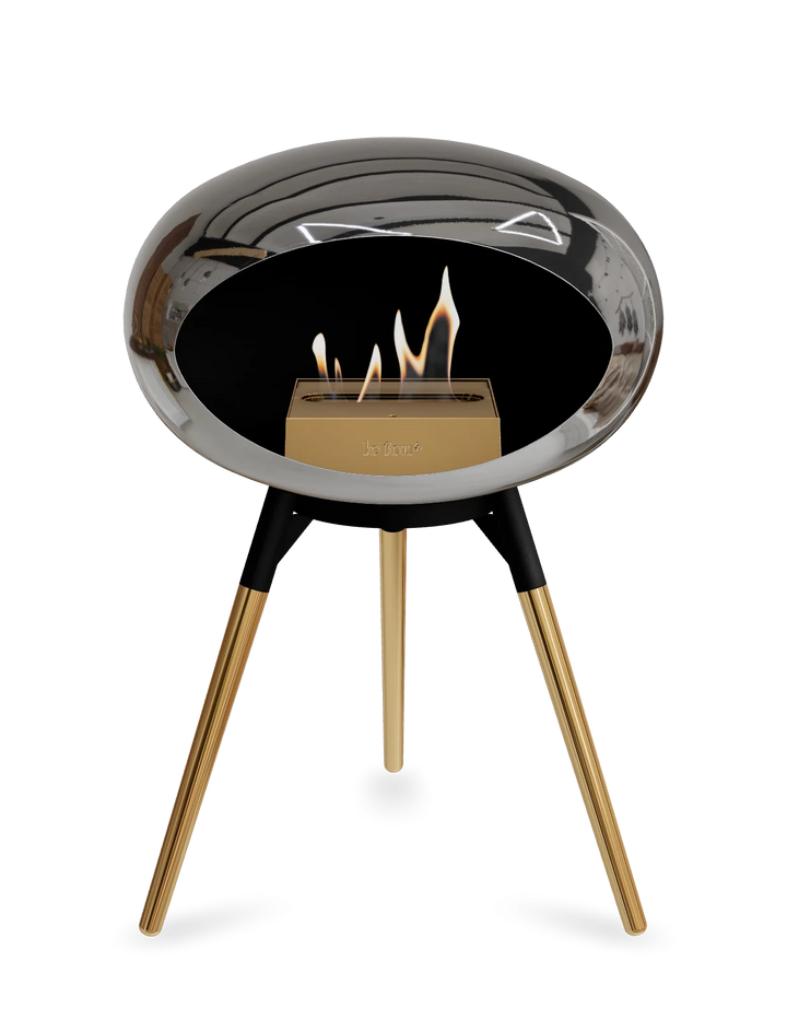 Le Feu GROUND LOW Bioethanol Standkamin Chrom Silber - Brennschale Schwarz Standfüße Roségold Brenner Roségold - freistehender Ethanol Kamin ohne Schornstein